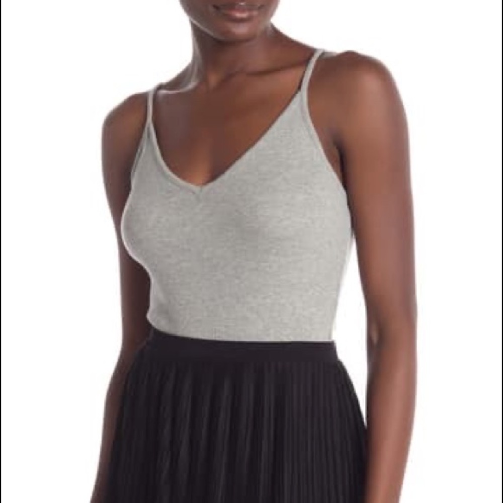 BP. V-Neck Ribbed Thong Bodysuit Grey